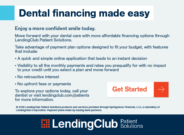 An advertisement for dental financing services, featuring a promotional message and call to action.